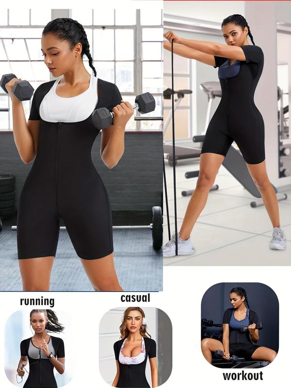 Women's Solid Zip Up Open Bust Design Sports Romper, Breathable Comfortable Tight-fitting Short Sleeve Bodysuit for Workout Gym Exercise, Ladies Sportswear for All Seasons