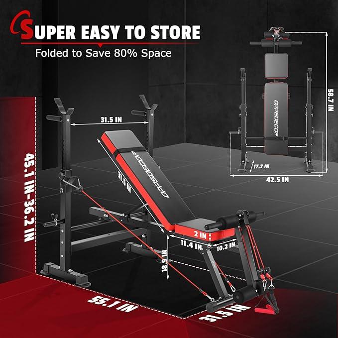 OPPSDECOR 600lbs 6 in 1 Weight Bench Set with Squat Rack, Foldable Adjustable Bench Press Set with Removable Foot Catch, Workout Bench for Home Gym