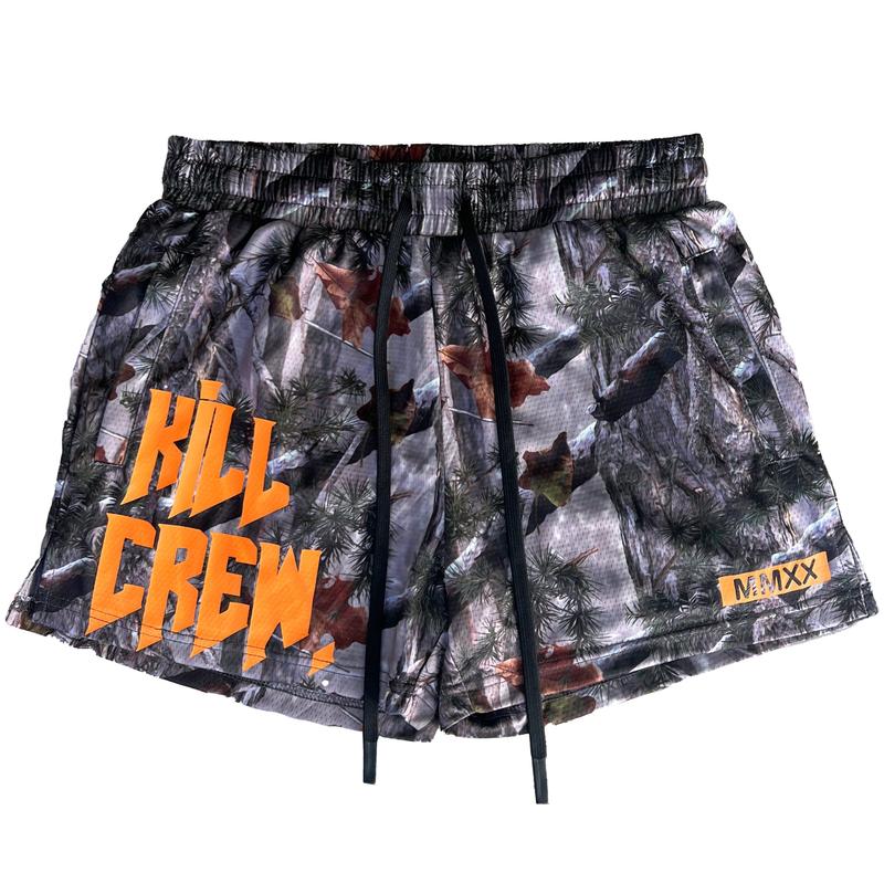 [Kill Crew] Muay Thai Shorts Logo - Camo   Orange, Unisex, Mid Thigh Cut, Pockets, Gym Shorts, Elastic Waistband, Long drawcord with wax tips