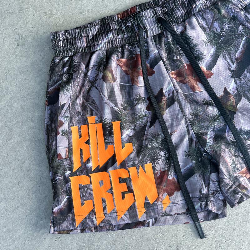 [Kill Crew] Muay Thai Shorts Logo - Camo   Orange, Unisex, Mid Thigh Cut, Pockets, Gym Shorts, Elastic Waistband, Long drawcord with wax tips