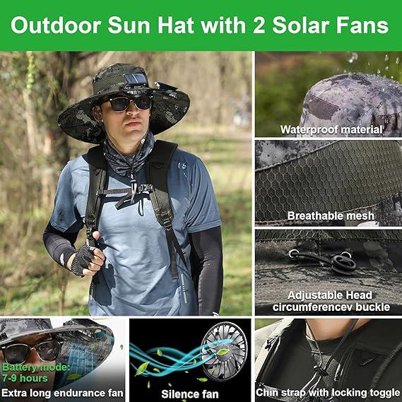 kyuasnfe Wide Brim Solar Fan Hat, Outdoor Sun Protection Cap,Supports Solar & USB Charging, for Fishing, Travel & Outdoor Sports