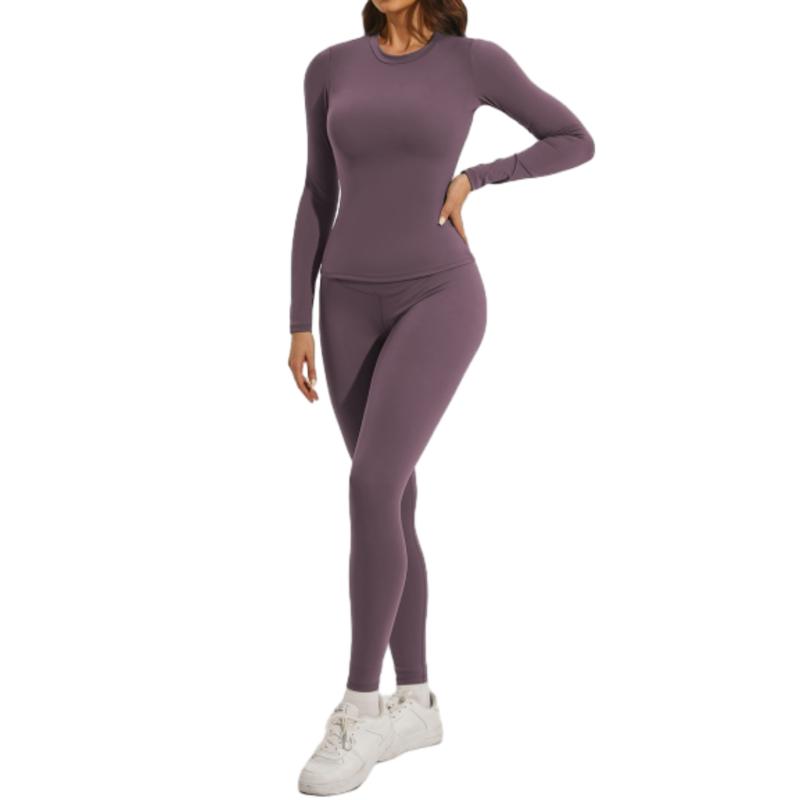 Women's Sporty Two-Piece Set for Yoga Gym Workout Running - Solid Color Long Sleeve Top & Skinny Pants