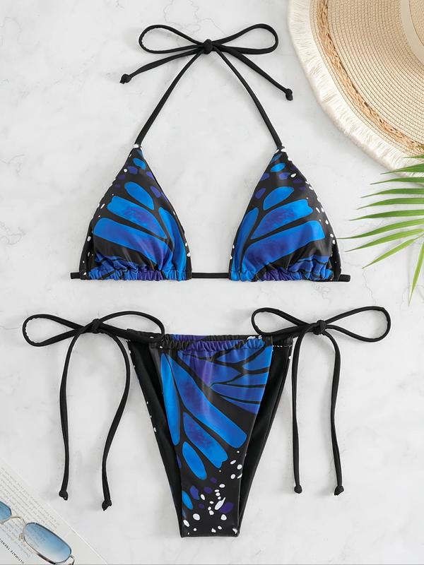 Two-piece Set Women's Butterfly Print Bikini Set, Halter Neck Triangle Swim Bra & Tie Side Swim Panty, Ladies Swimsuit for Beach Holiday Vacation