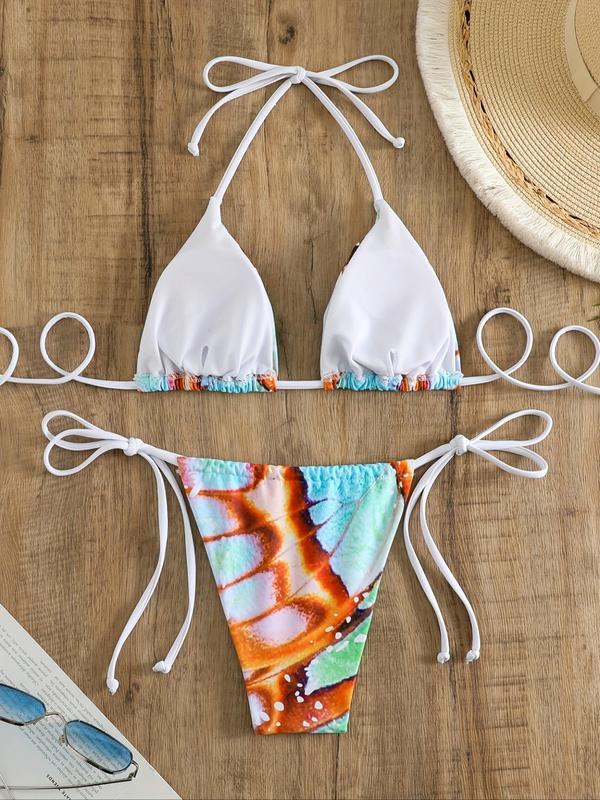 Two-piece Set Women's Butterfly Print Bikini Set, Halter Neck Triangle Swim Bra & Tie Side Swim Panty, Ladies Swimsuit for Beach Holiday Vacation