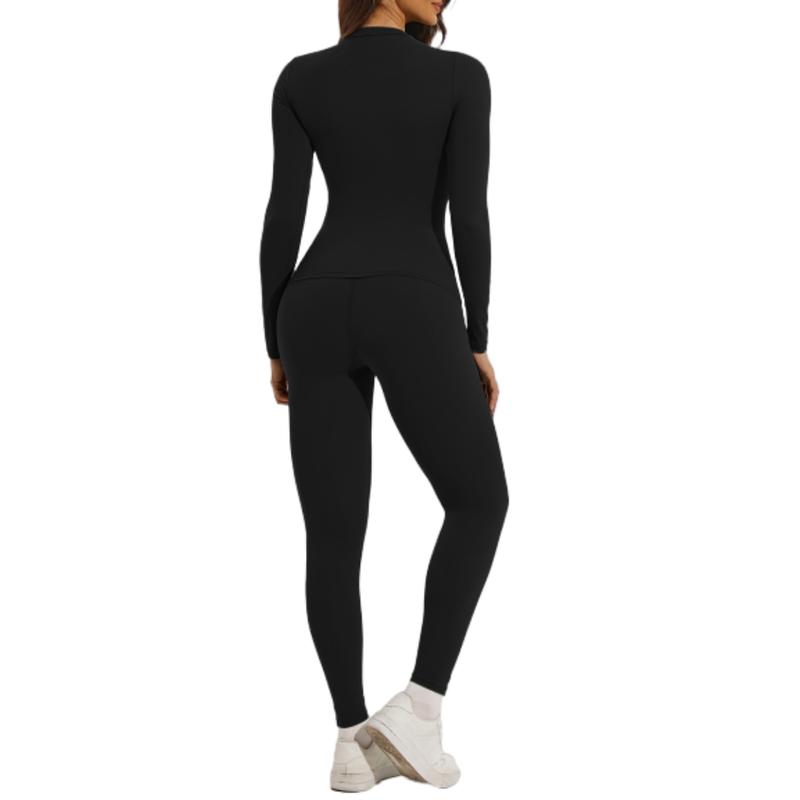 Women's Sporty Two-Piece Set for Yoga Gym Workout Running - Solid Color Long Sleeve Top & Skinny Pants