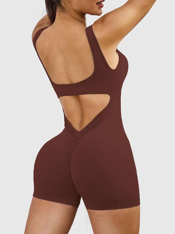 Women's Solid Cut Out Backless Ruched Sports Romper, Casual Scoop Neck Sleeveless Bodycon Romper for Yoga Gym Workout, Ladies Summer Outfits 2024, Back To School Romper