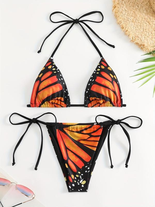 Two-piece Set Women's Butterfly Print Bikini Set, Halter Neck Triangle Swim Bra & Tie Side Swim Panty, Ladies Swimsuit for Beach Holiday Vacation