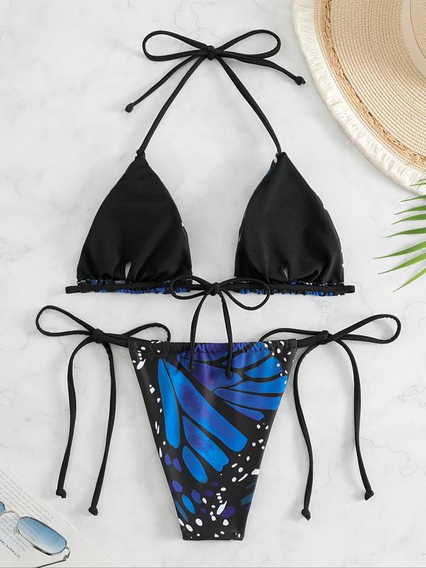 Two-piece Set Women's Butterfly Print Bikini Set, Halter Neck Triangle Swim Bra & Tie Side Swim Panty, Ladies Swimsuit for Beach Holiday Vacation