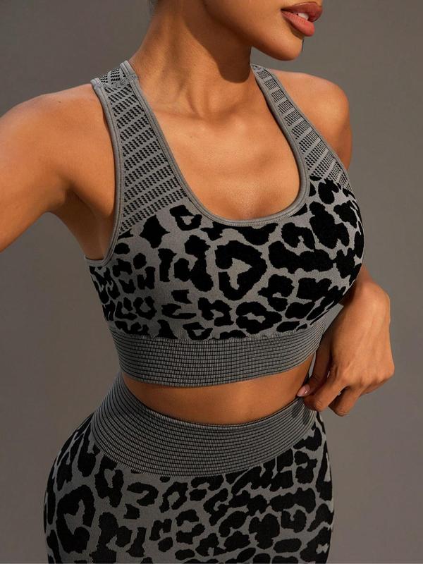 Women's Leopard Print Sports Bra & High Waist Leggings Tracksuit Set, Scoop Neck Crop Top & Skinny Pants, Sportswear Set for Gym Workout Running