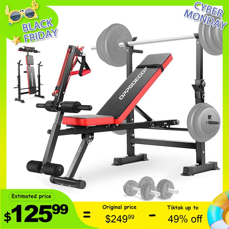 OPPSDECOR 600lbs 6 in 1 Weight Bench Set with Squat Rack, Foldable Adjustable Bench Press Set with Removable Foot Catch, Workout Bench for Home Gym