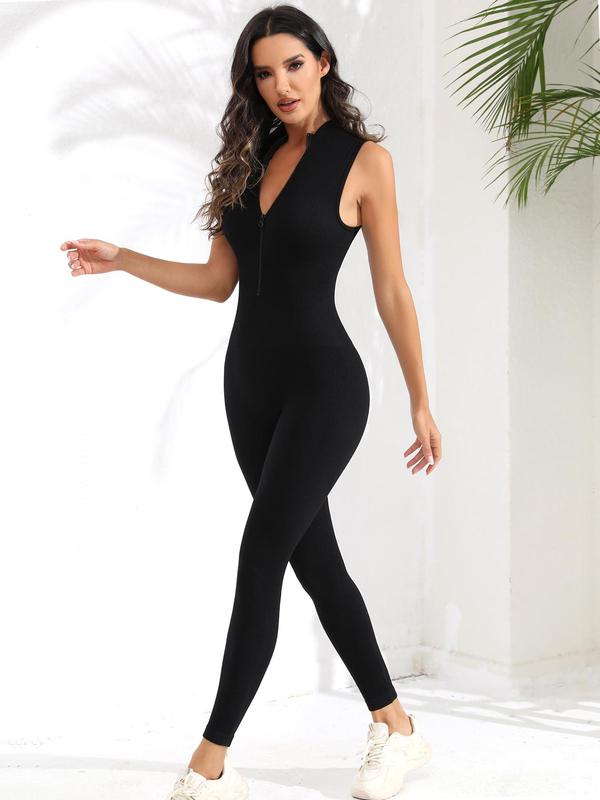 Women's Solid Zip Up Mock Neck Sports Tummy Control Jumpsuit, Summer Clothes Women, Sporty Sleeveless Zip Front One Piece Jumpsuit For Yoga Gym, Ladies Sportswear