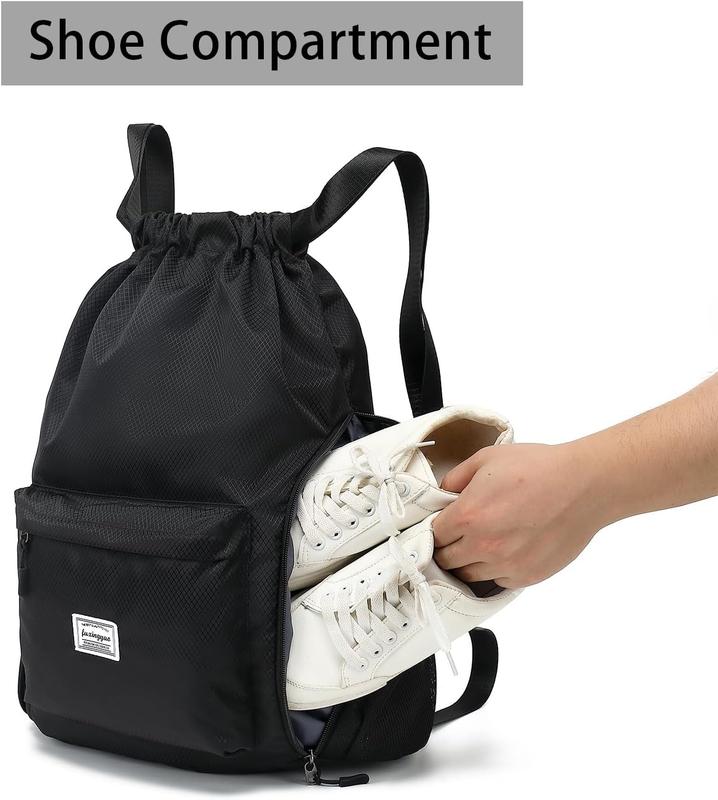 Drawstring Backpack  Gym Bag with Shoes Compartment, String Backpack Cinch for Women Men (Black)