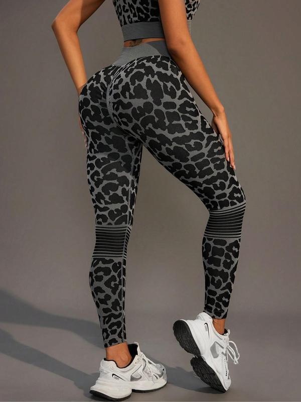 Women's Leopard Print Sports Bra & High Waist Leggings Tracksuit Set, Scoop Neck Crop Top & Skinny Pants, Sportswear Set for Gym Workout Running