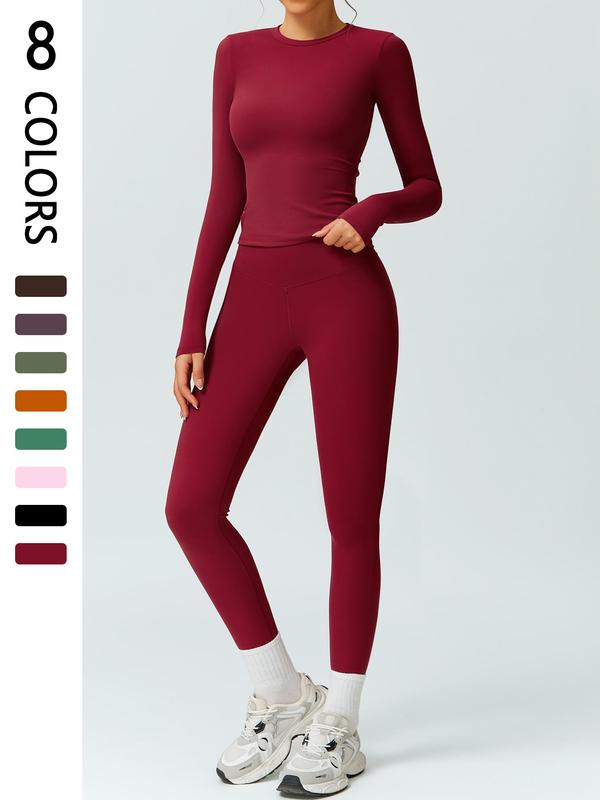 Women's Solid Long Sleeve Tee & High Waist Leggings Tracksuit Set, Sporty Round Neck Top & Skinny Pants Two-piece Set for Gym Workout Running, Ladies Fall & Winter Sportswear