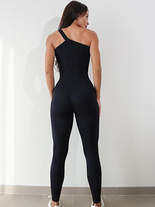 Sporty Women's Solid Color One Shoulder Sports Jumpsuit, Casual Sporty Sleeveless Skinny Jumpsuit for Yoga Gym Workout, Ladies Sportswear for All Seasons