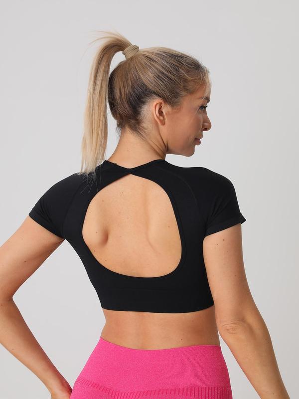 Women's Solid Cut Out Backless Sports Tee, Sporty Comfy Short Sleeve Crop Top, Ladies Sportswear Clothing for Summer Yoga Gym Workout