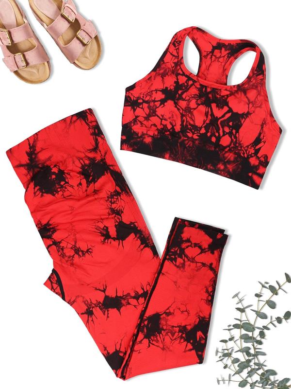 Plus Size Tie Dye Print Cut Out Crop Tank Top & High Waist Leggings Tracksuits Set, Scoop Neck Sleeveless Top & Skinny Pants Two-piece Outfits, Gym Clothing, Women's Sportswear for Indoor Outdoor Wear