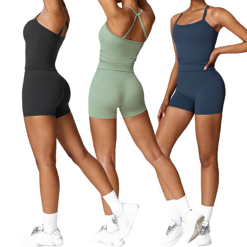 Solid Color Sporty Fitness Sleeveless Short Jumpsuit, Casual Sleeveless Tight Fit Overall for Workout, Women's Clothing