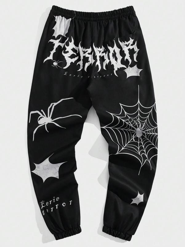 Graphic Sweatpants Spiderweb Letter Print Drawstring Joggers Goth Pants Black X-Large