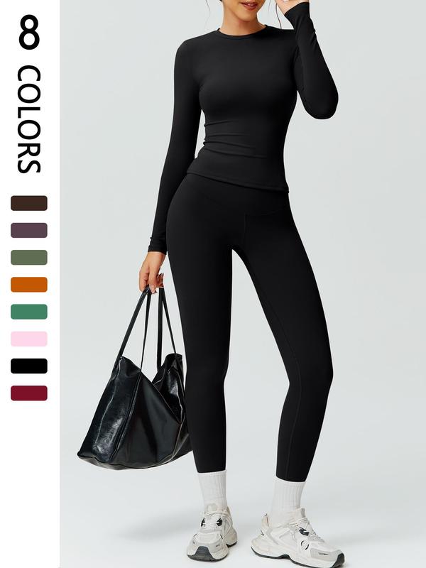 Women's Solid Long Sleeve Tee & High Waist Leggings Tracksuit Set, Sporty Round Neck Top & Skinny Pants Two-piece Set for Gym Workout Running, Ladies Fall & Winter Sportswear