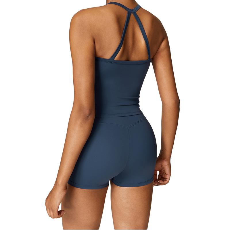 Solid Color Sporty Fitness Sleeveless Short Jumpsuit, Casual Sleeveless Tight Fit Overall for Workout, Women's Clothing