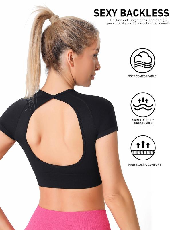 Women's Solid Cut Out Backless Sports Tee, Sporty Comfy Short Sleeve Crop Top, Ladies Sportswear Clothing for Summer Yoga Gym Workout