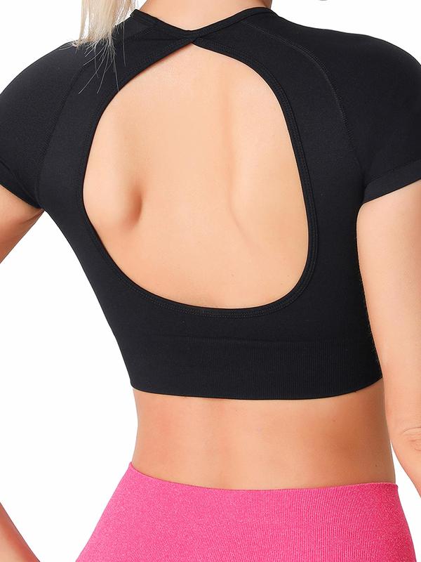 Women's Solid Cut Out Backless Sports Tee, Sporty Comfy Short Sleeve Crop Top, Ladies Sportswear Clothing for Summer Yoga Gym Workout