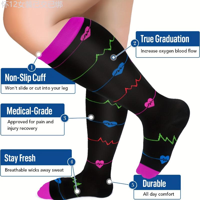 4 Pairs Plus Size Compression Socks - Wide Calf Support for Running, Hiking, Nursing, and Everyday Comfort