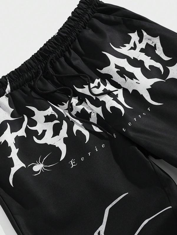 Graphic Sweatpants Spiderweb Letter Print Drawstring Joggers Goth Pants Black X-Large