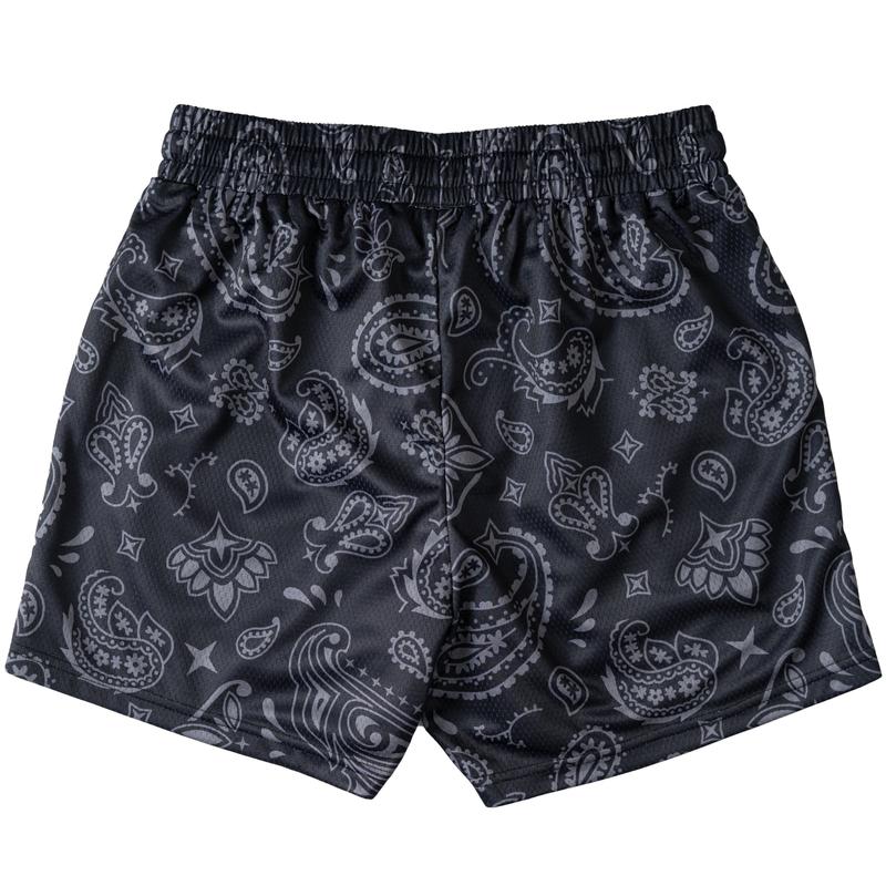 [Kill Crew] Muay Thai Shorts Bandana - Blackout, Unisex, Mid Thigh Cut, Pockets, Gym Shorts, Elastic Waistband, Long drawcord with wax tips