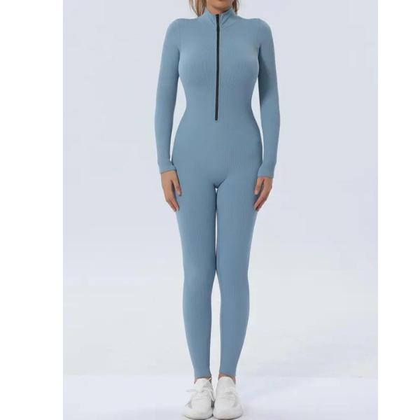 Women's Solid Long Sleeve Sports Tight Bodycon Jumpsuits, Zip Up Ribbed Exercise Playsuit High Waist Skinny Jumpsuits, Seamless Jumpsuits, 2023 Trendy One-piece Yoga & Dance Suits, High Elastic Sports Suit, New Autumn One Piece Outfit Clothes for Ladies