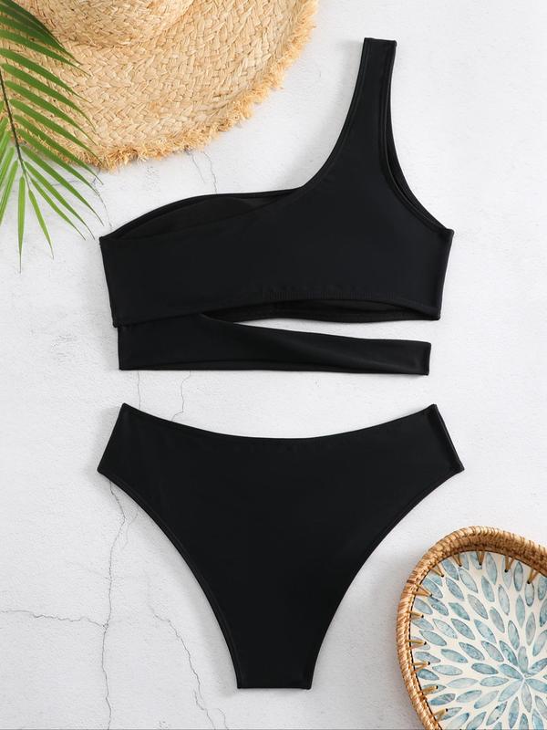 Two-Piece Set Women's Solid Color Cut Out One Shoulder Bikini Top & Swim Thong Bikini Set, Fashion Chic Swimwear Set for Beach Holiday Vacation, Ladies Summer Clothes