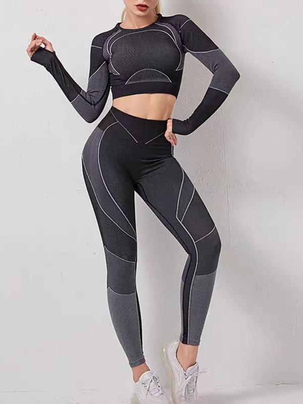 Women's Solid Long Sleeve Top & High Waist Leggings Tracksuit Set, Sporty Round Neck Top & Skinny Pants Two-Piece Outfits for Gym Yoga Workout, Ladies Sportswear for All Seasons