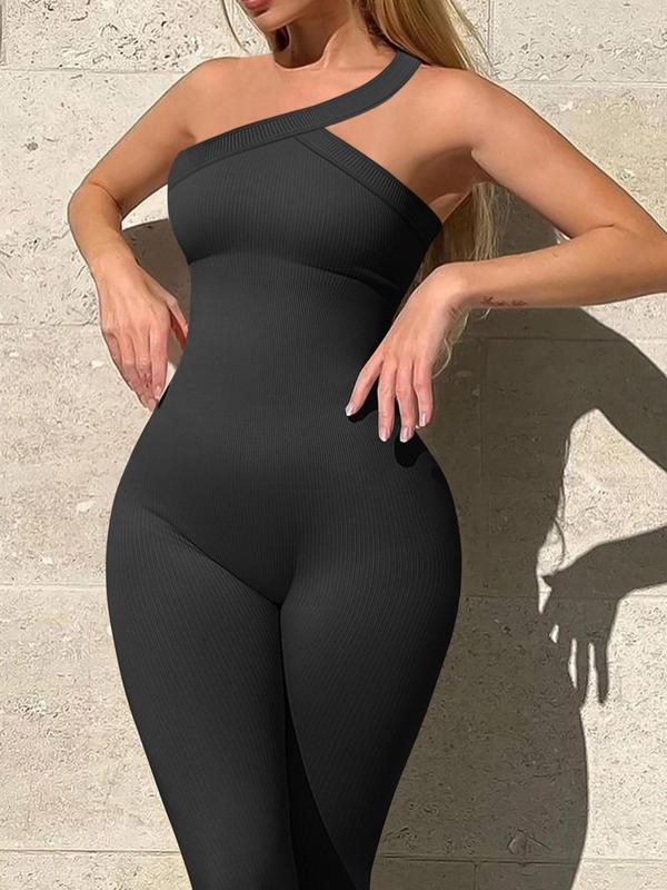 Sporty Women's Solid Color One Shoulder Sports Jumpsuit, Casual Sporty Sleeveless Skinny Jumpsuit for Yoga Gym Workout, Ladies Sportswear for All Seasons