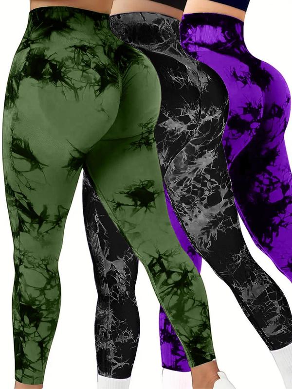 3 pack tie dye print high waisted workout leggings for women scrunch rear lifting high waist tummy control yoga athletic wear.