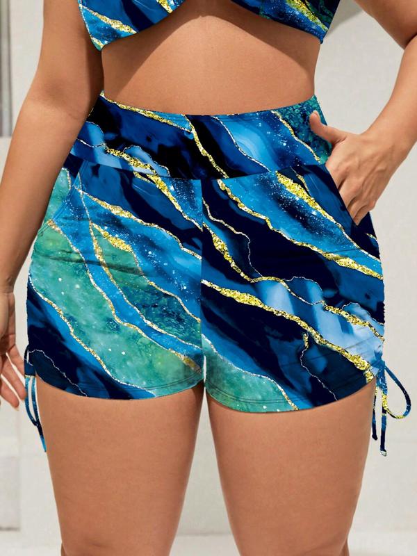 Plus Size Solid Drawstring Side High Waist Swim Shorts, Swimsuit for Women, Casual Sporty Breathable Comfortable Ruched Pocket Design Swim Shorts for Summer, Women's Swimwear Bottoms for Beach Swimming