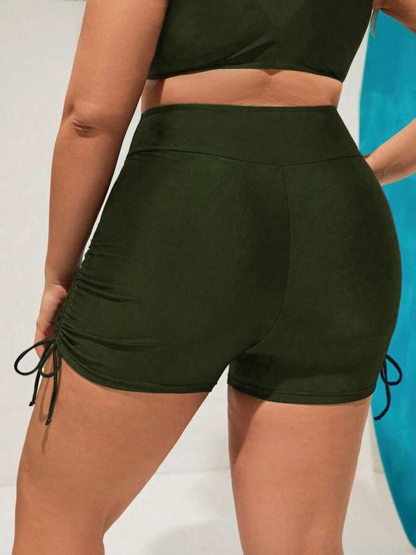 Plus Size Solid Drawstring Side High Waist Swim Shorts, Swimsuit for Women, Casual Sporty Breathable Comfortable Ruched Pocket Design Swim Shorts for Summer, Women's Swimwear Bottoms for Beach Swimming