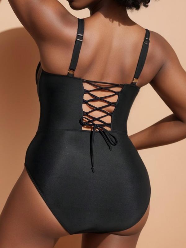  Contrast Mesh Sheer Lace Up V Neck One-piece Swimsuit, Adjustable Strap High Cut Swimwear for Women, Women's Swimsuit for All Seasons