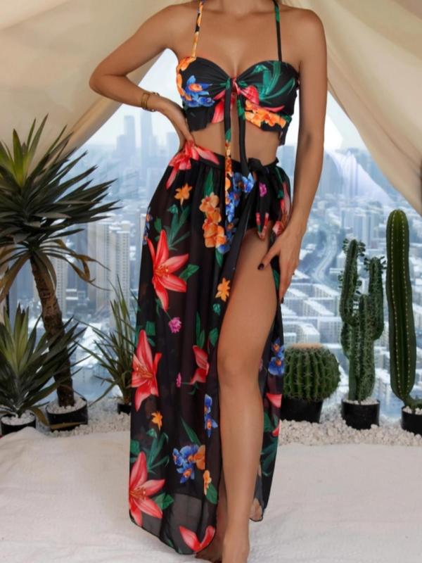 Three-piece Set Women's Floral Print Knot Front Swimsuit Set, Adjustable Strap Swim Top & High Cut Swim Bottom & Ruffle Hem Sheer Cover Up Skirt Set, Ladies Summer Swimwear