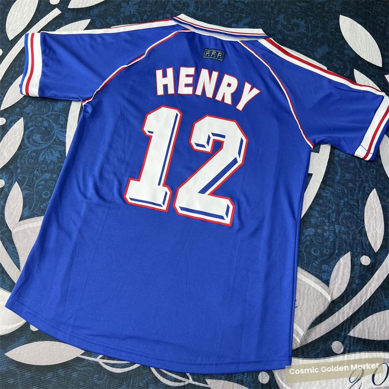 1998 World Cup France Home Blue Short Sleeve Top Vintage Quick Dry HENRY No.12 Soccer Jerseys