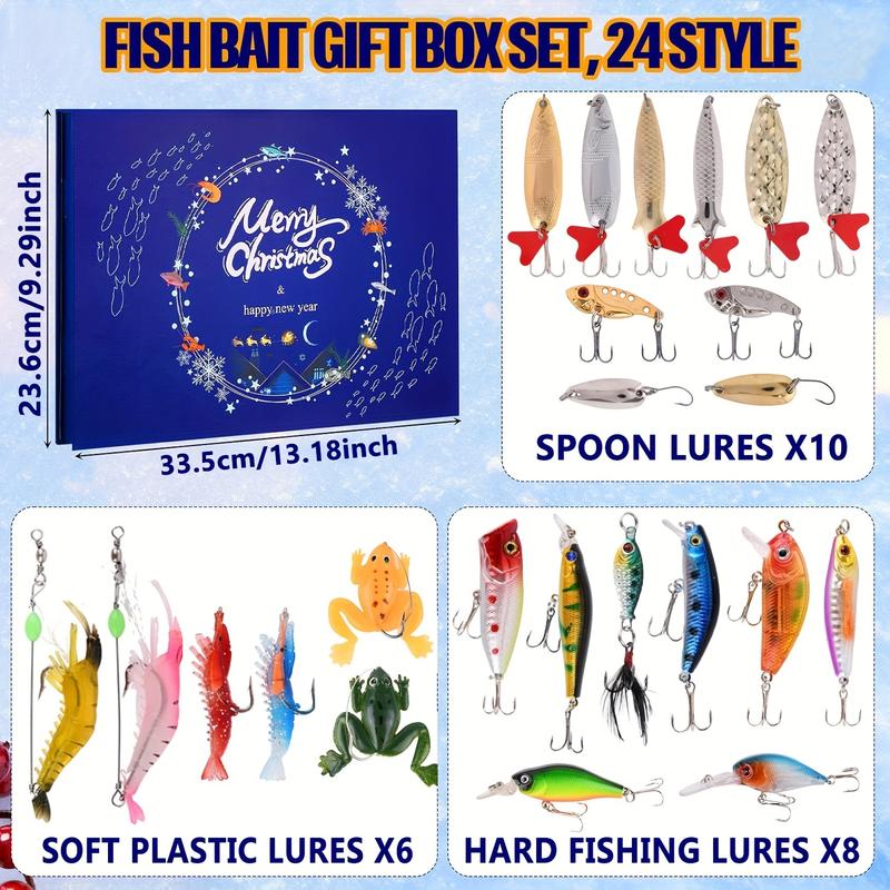 24-Day Fishing Advent Calendar - Christmas Countdown Lure Set for Anglers, Includes Soft Lures, Spoons, Minnows & Poppers - Perfect Xmas Gift for Men, Teens & Grandpas