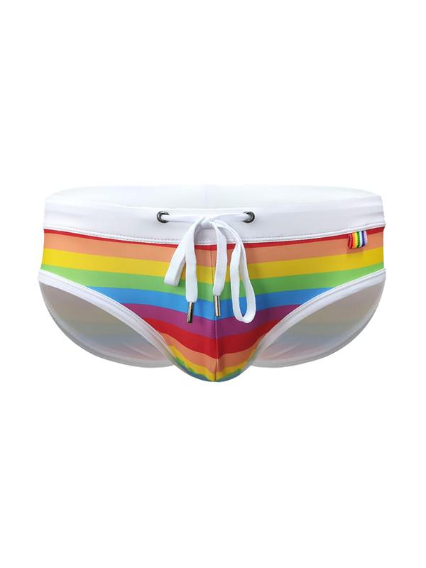 LGBTQ+ Men Swim Trunks, Men's Regular Fit Rainbow Striped Print Drawstring Waist Swim Bottoms, Sexy Swim Briefs, Soft Comfort Breathable Swim Shorts for Summer, Fashion Men's Swimwear for Beach Holiday Vacation