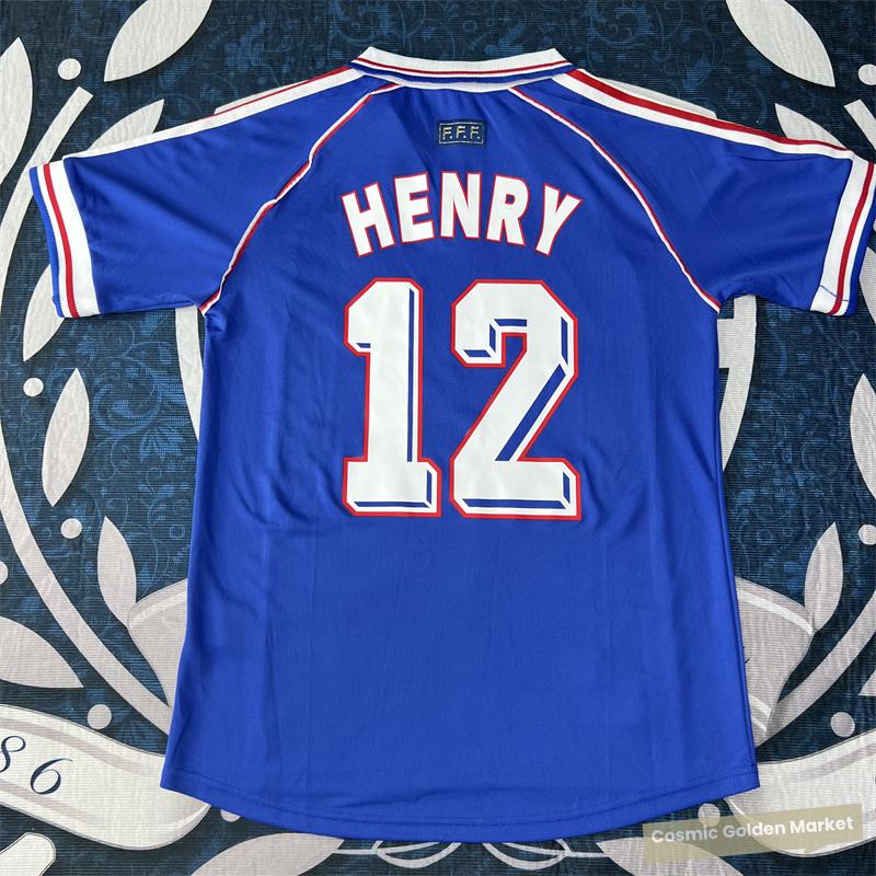 1998 World Cup France Home Blue Short Sleeve Top Vintage Quick Dry HENRY No.12 Soccer Jerseys