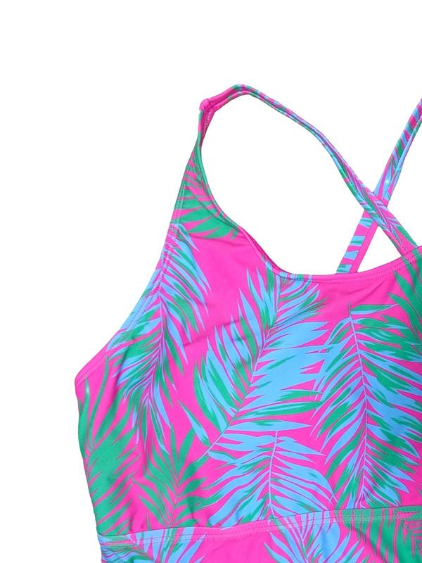 Women's Leaf Print Criss Cross Tankini Set, Adjustable Strap Drawstring Sleeveless Swim Top &  Shorts, Ladies Summer Swimwear for Beach Holiday Vacation