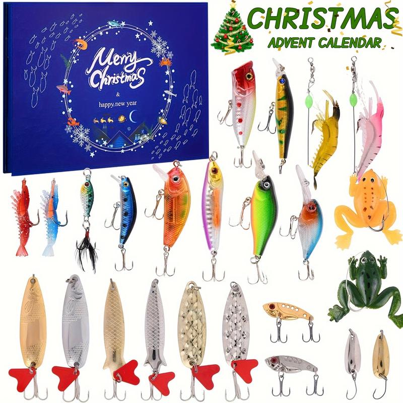 24-Day Fishing Advent Calendar - Christmas Countdown Lure Set for Anglers, Includes Soft Lures, Spoons, Minnows & Poppers - Perfect Xmas Gift for Men, Teens & Grandpas