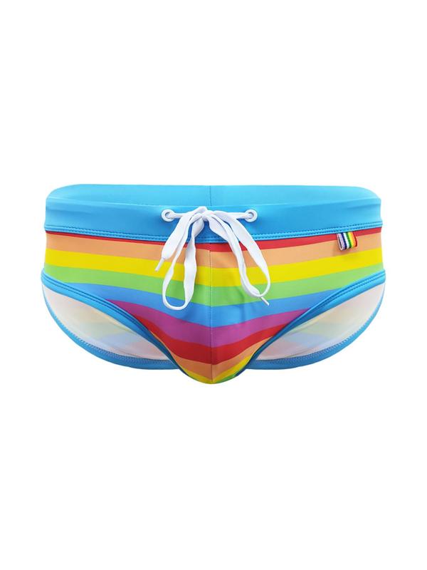 LGBTQ+ Men Swim Trunks, Men's Regular Fit Rainbow Striped Print Drawstring Waist Swim Bottoms, Sexy Swim Briefs, Soft Comfort Breathable Swim Shorts for Summer, Fashion Men's Swimwear for Beach Holiday Vacation