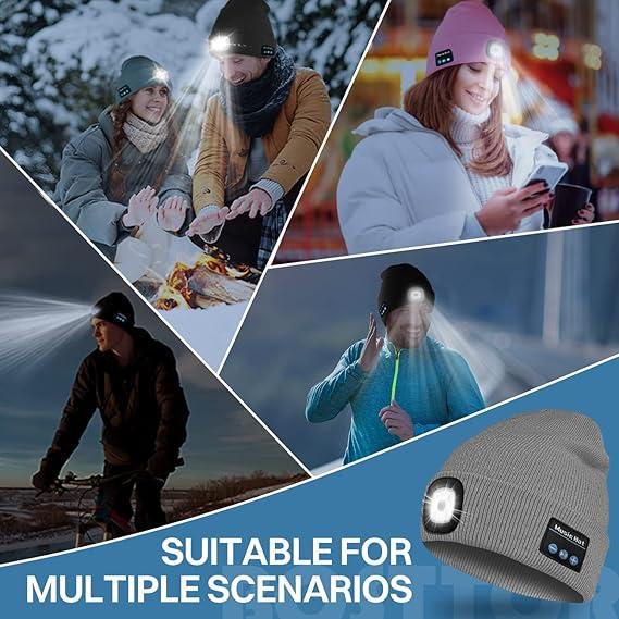 3 in 1 Function Bluetooth Beanie, Bluetooth Beanie with LED Headlight and Removable Speakers,Solid Color Windproof Face Mask, Outdoor Cycling Face Cover Head Protection, Warm Face Mask for Women & Men