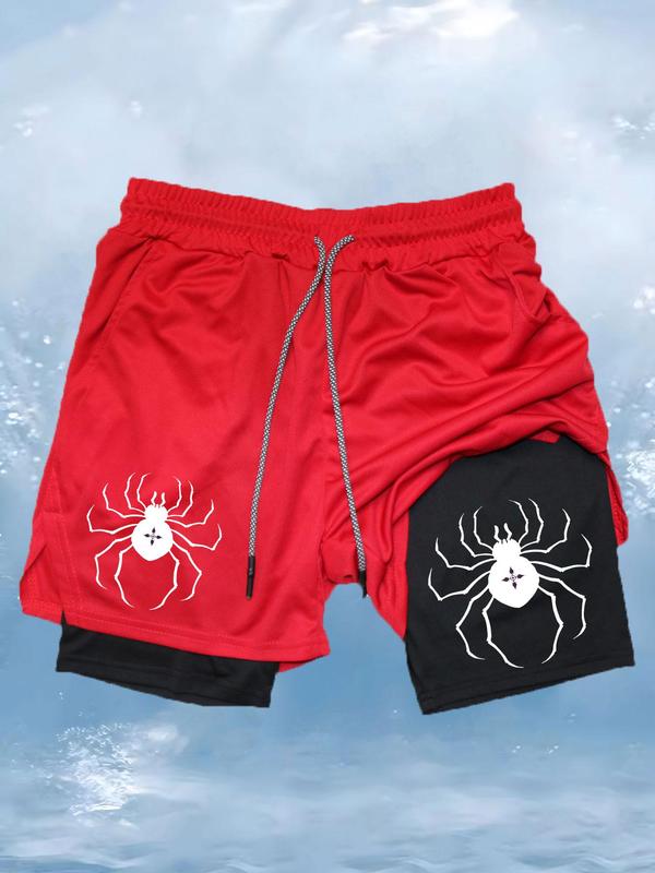 Men's Spider Print 2 in 1 Drawstring Waist Athletic Sports Shorts, Fall Outfits, Fallfreshness Casual Sporty Regular Fit Quick Drying Breathable Sports Shorts, Gym Shorts, Men Sports Shorts for Gym Workout Running