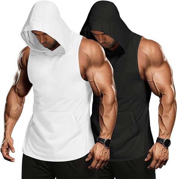 COOFANDY Summer Clearance 2 Pack Mens Workout Hooded Tank Tops Bodybuilding Muscle Cut Off T Shirt Sleeveless Gym Sport Hoodies Menswear Summer Outfits Breathable black friday