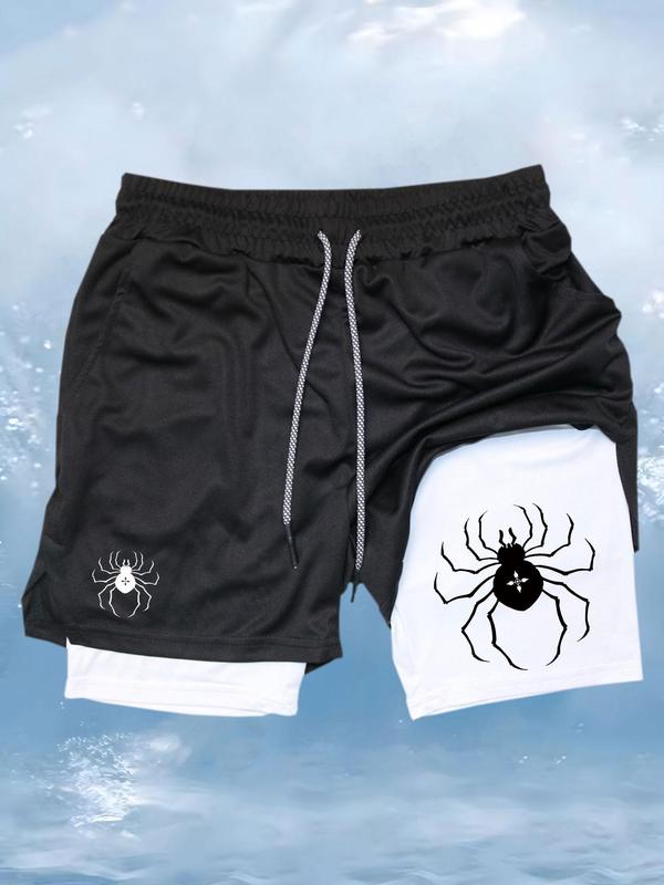 Men's Spider Print 2 in 1 Drawstring Waist Athletic Sports Shorts, Fall Outfits, Fallfreshness Casual Sporty Regular Fit Quick Drying Breathable Sports Shorts, Gym Shorts, Men Sports Shorts for Gym Workout Running